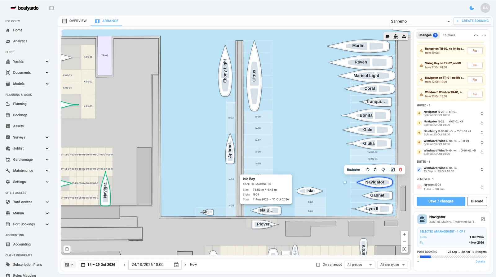 Boatyardo marina map: boats of every size placed on the map, with the list of changes waiting to be saved