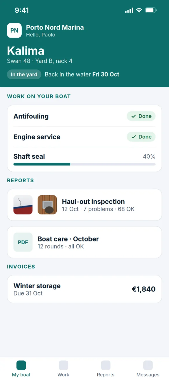 Customer app in the marina's own colours: work on the boat, reports and invoices