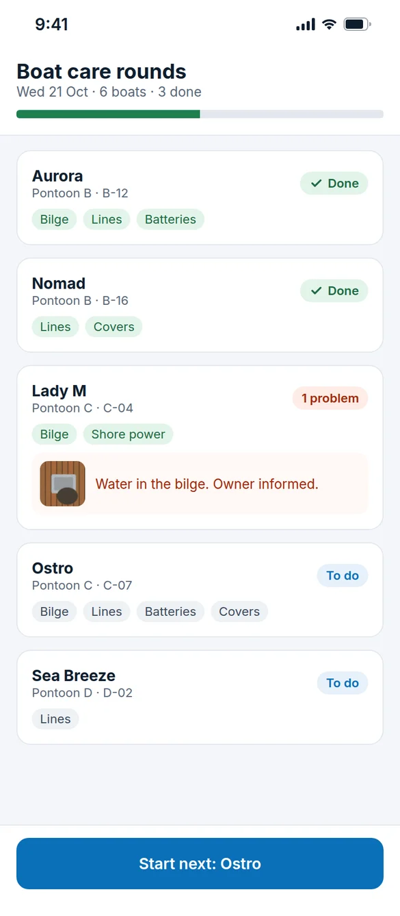 Today's gardiennage rounds on a phone: boats checked, one problem found